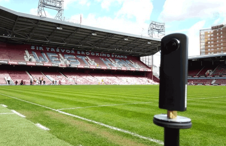 360 camera mounted on side of pitch at West Ham United football stadium