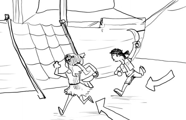 a sketch of some pirates for a storyboard