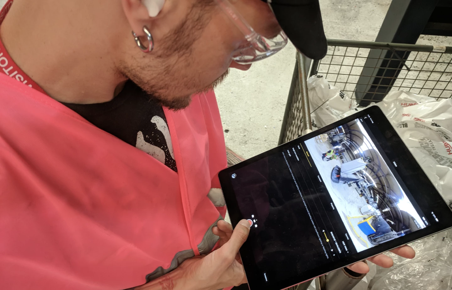 A man using an ipad to capture 360 degree footage of a factory