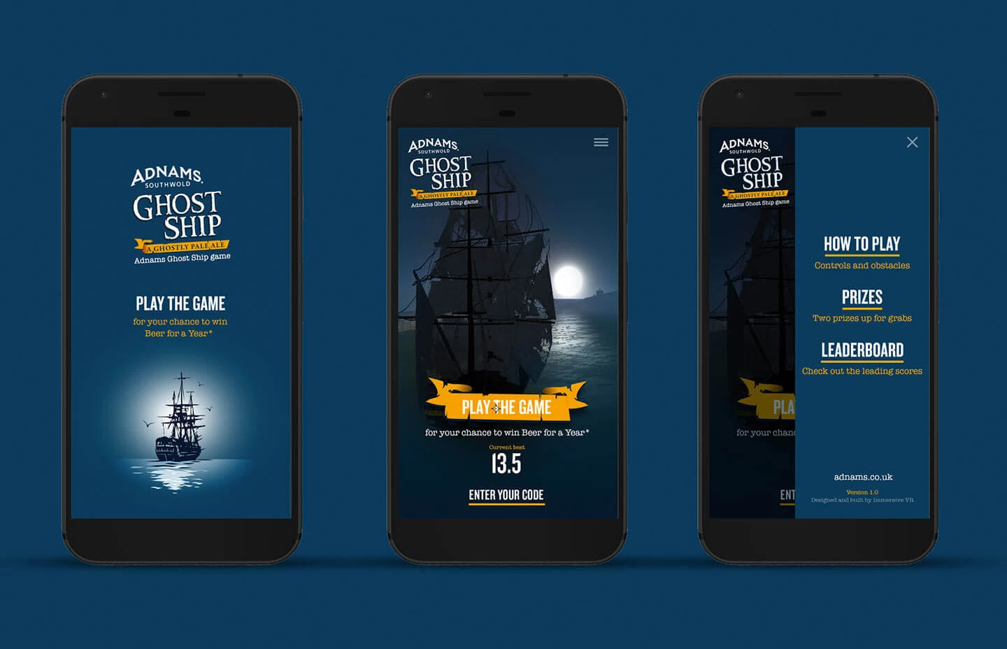Three screens from the Adnams Ghost Ship game on mobile devices