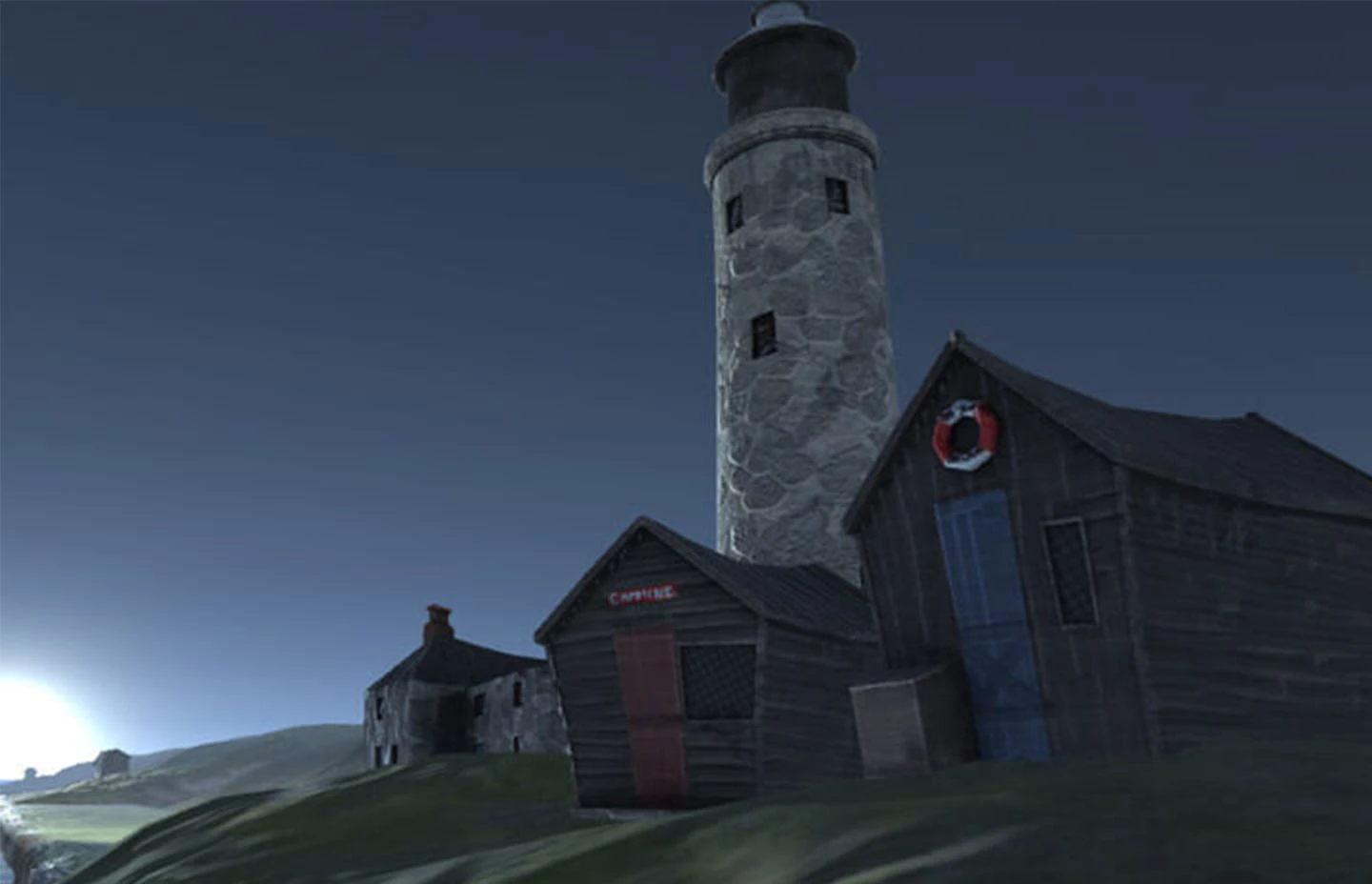 3D rendered cabins and lighthouse by the sea