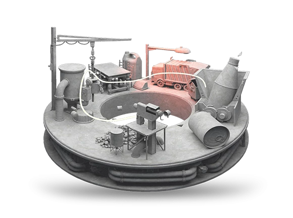 A grey 3D Model of a recycling plant made to form a circle