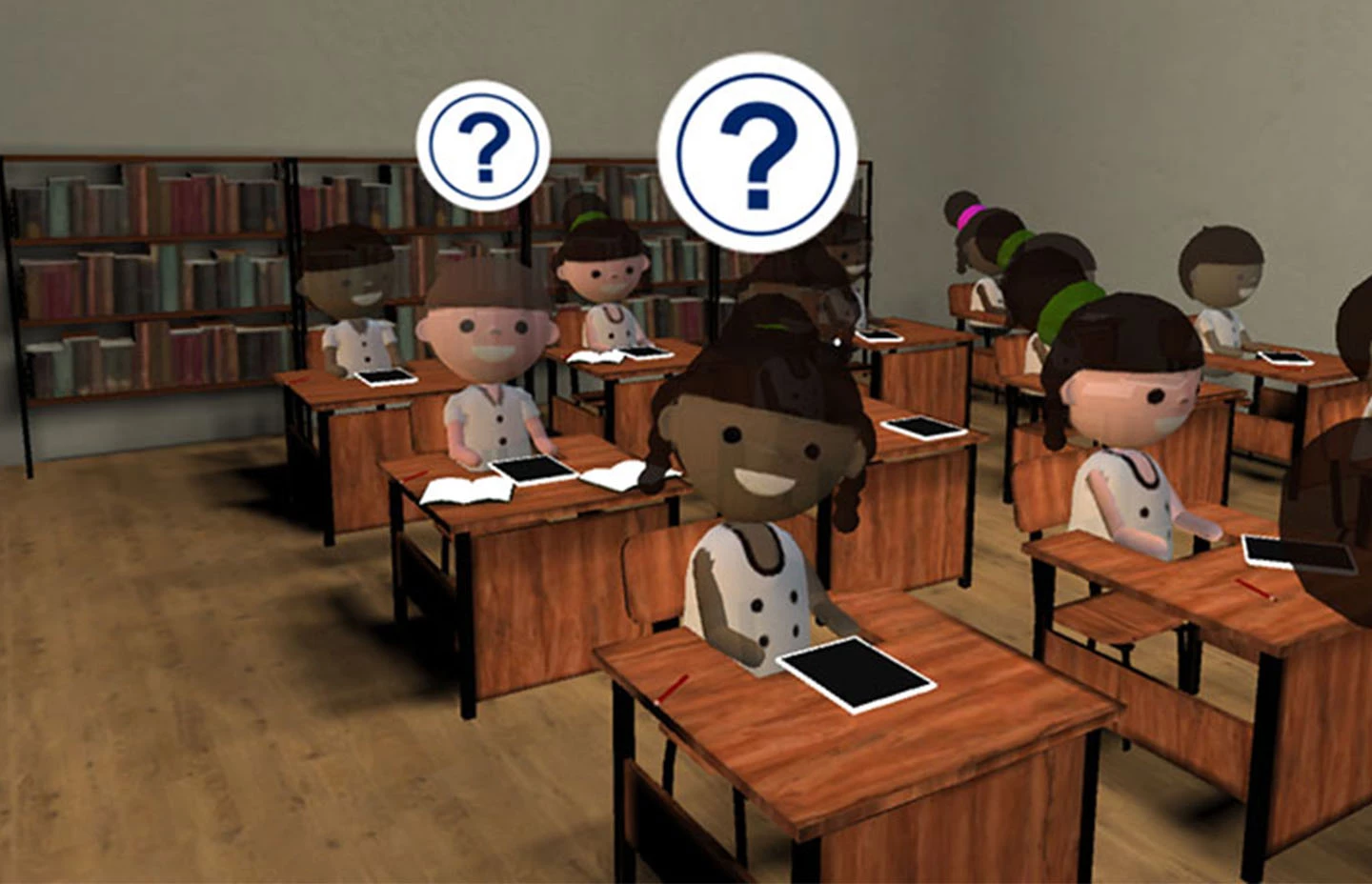 Ericsson virtual classroom with pupil avatars looking at the user