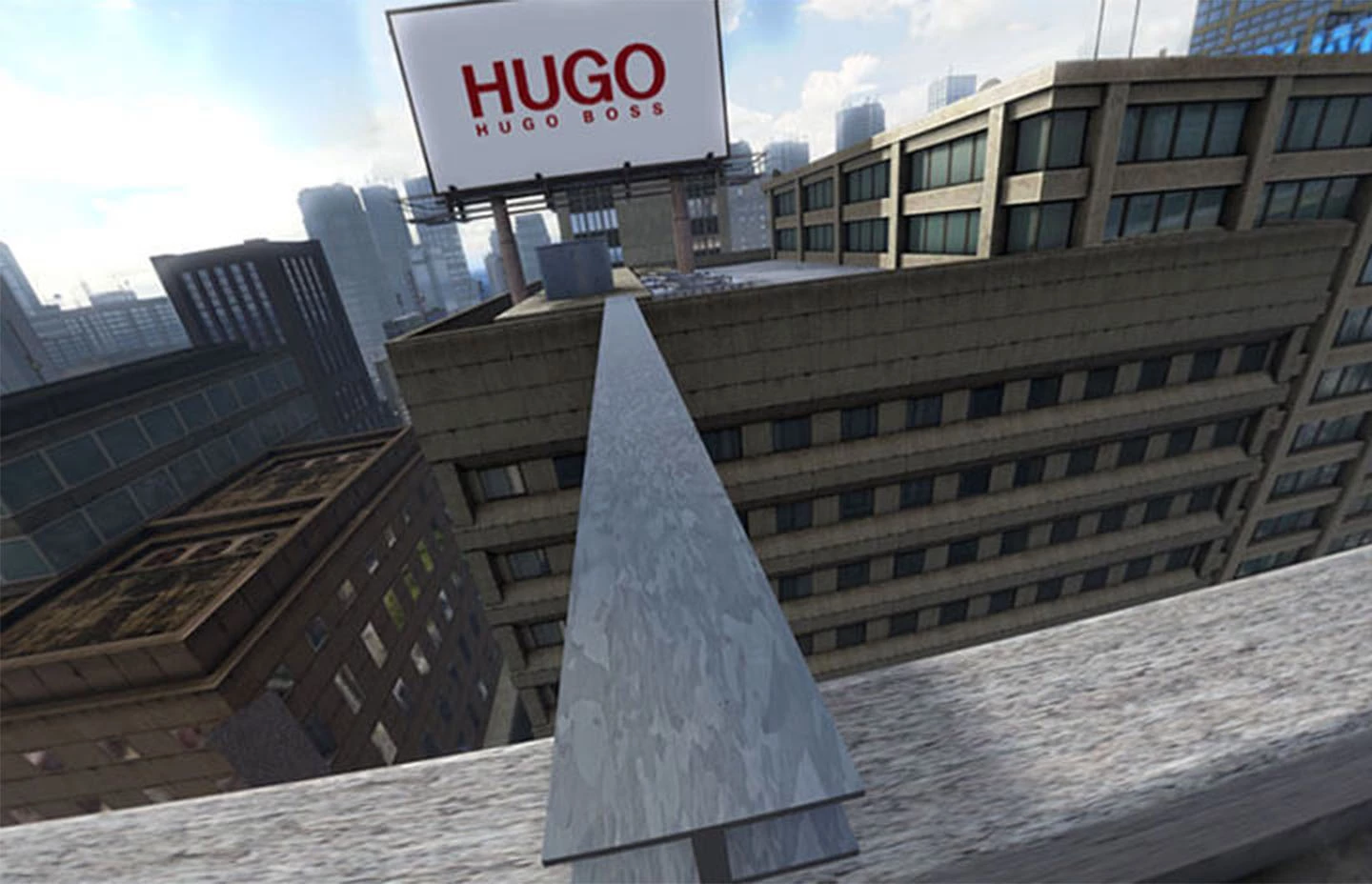 First person view of walking across a beam between skyscraper buildings - Hugo Boss billboard in the background