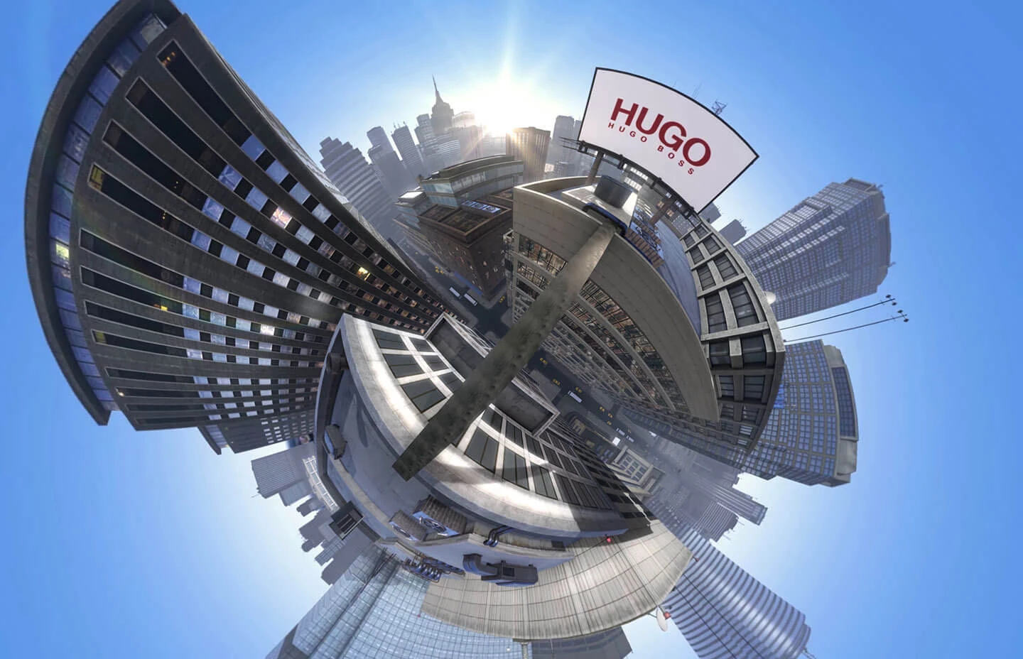 360 image of cityscape with HUGO BOSS billboard on top of a building