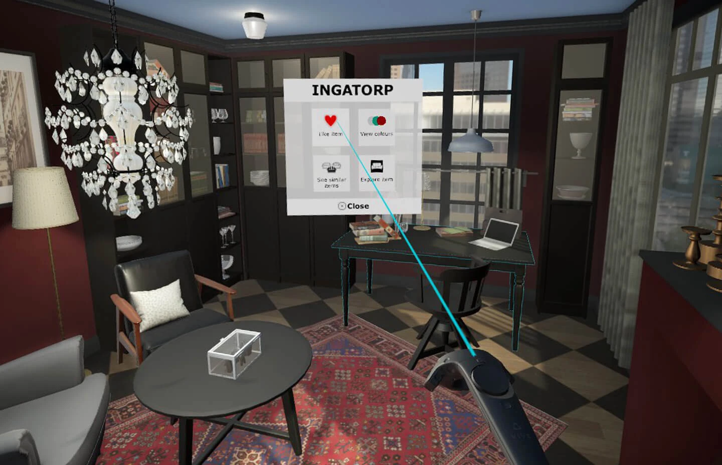 Virtual environment with controller pointing at a virtual menu allowing the user to like an INGATORP product