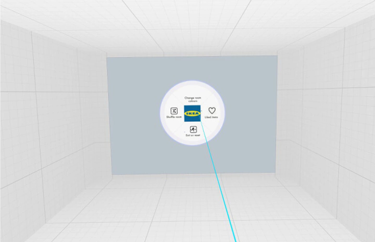 Virtual environment with controller picking from a game menu branded for IKEA