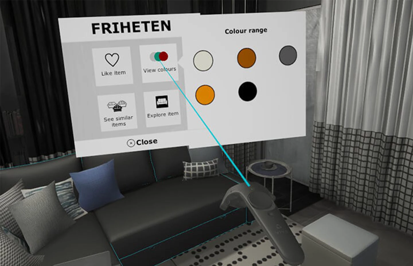 Virtual environment with controller pointing at a colour picker for IKEA furniture