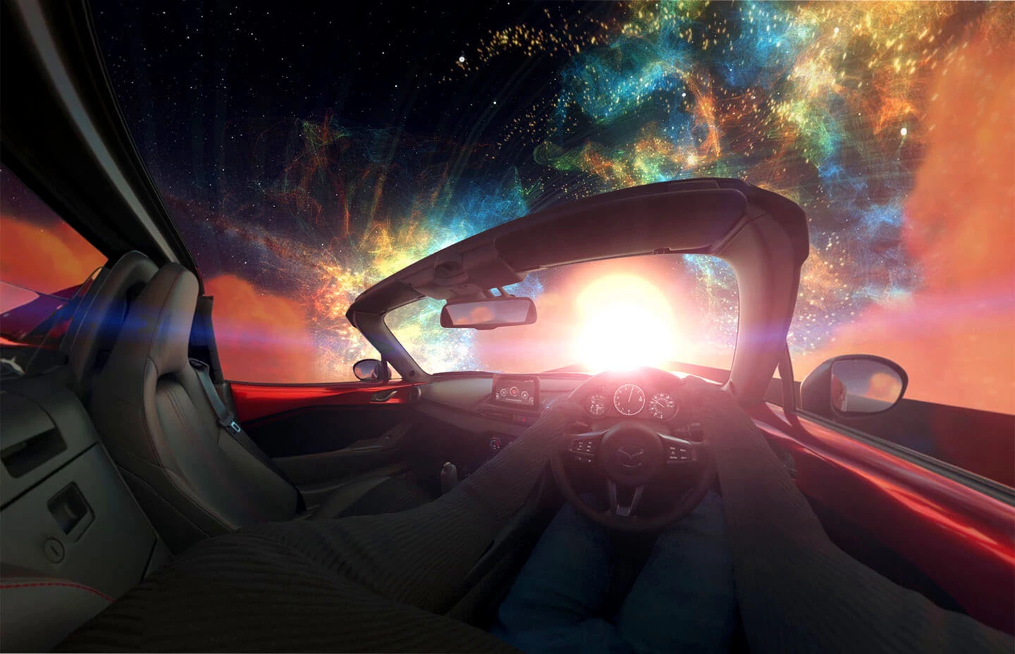 First person view of driving a Mazda X5 into a portal in space as part of the Mazda X5 virtual reality experience