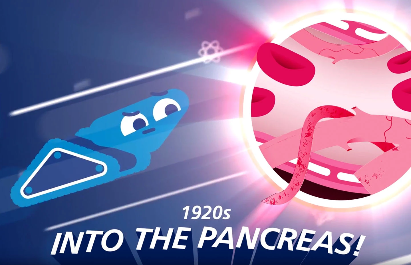 Blue avatar shooting towards a stylised representation of the pancreas with text 1920s - into the pancreas