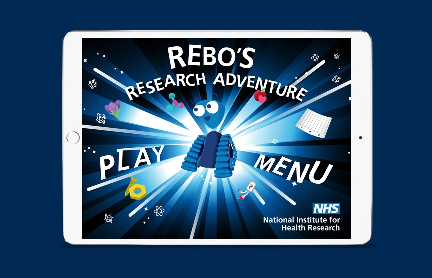 Landscape tablet device showing welcome screen for Rebo's Research Adventure app