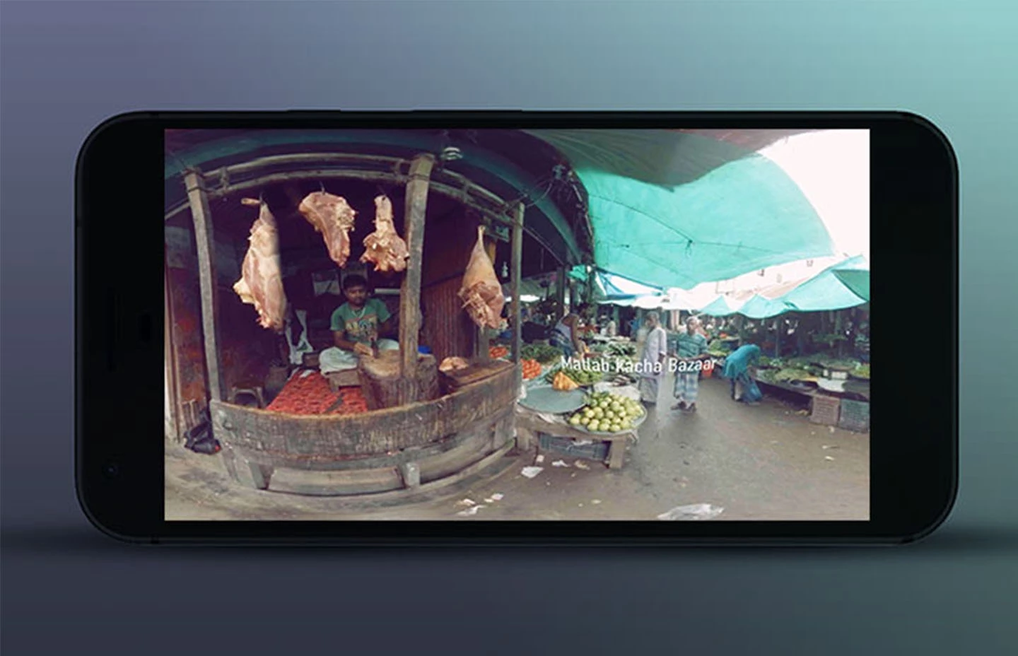 Landscape mobile device displaying a busy fresh food market