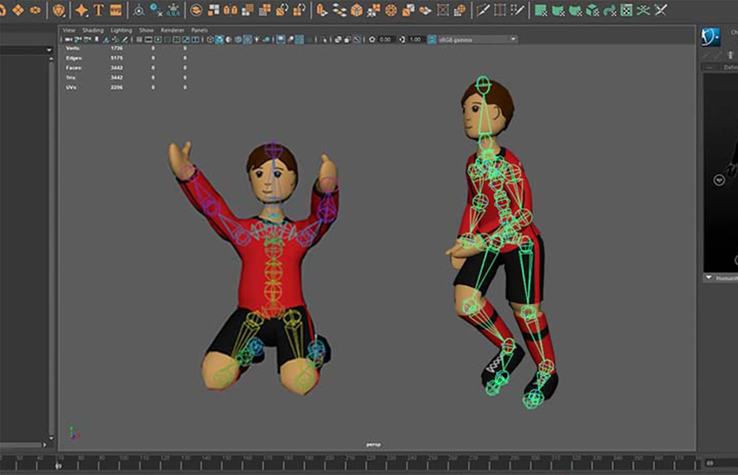 Screenshot of 3D football avatars with their skeletons highlighted in different colours