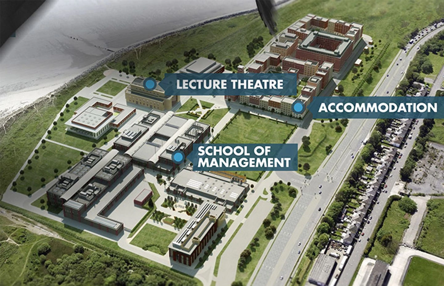 Stylised 3D map of Swansea University campus