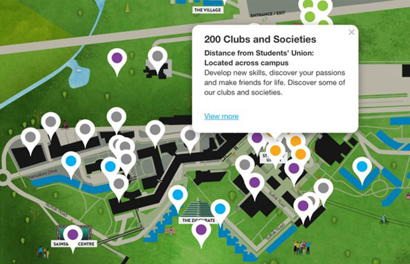 Virtual map of UEA campus with text marker describing clubs and societies