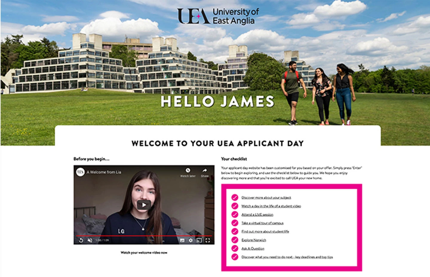 UEA Applicant Day welcome screen
