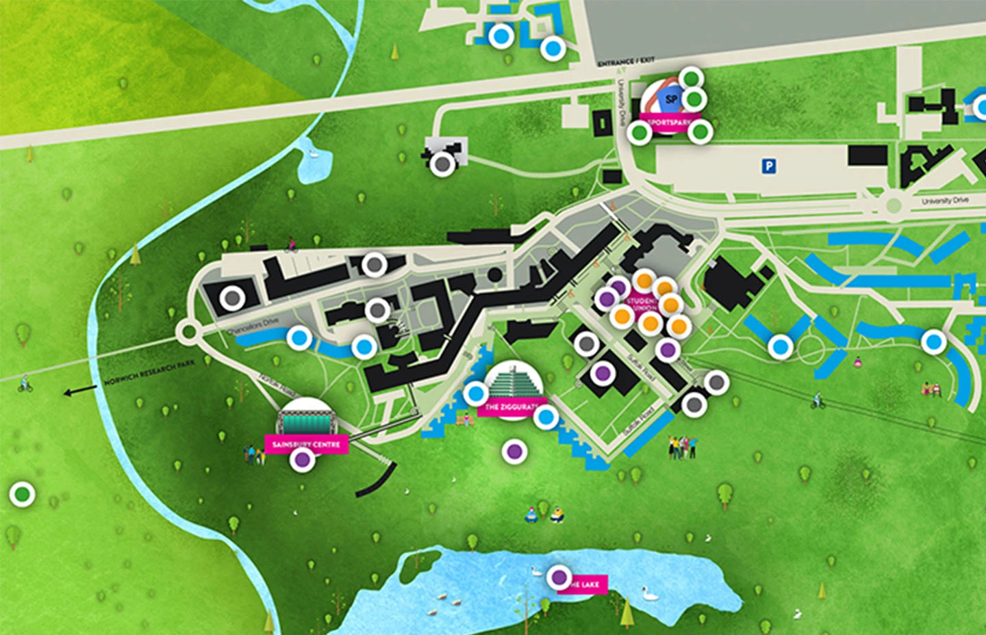 Stylised map of University of East Anglia campus from a birds eye view