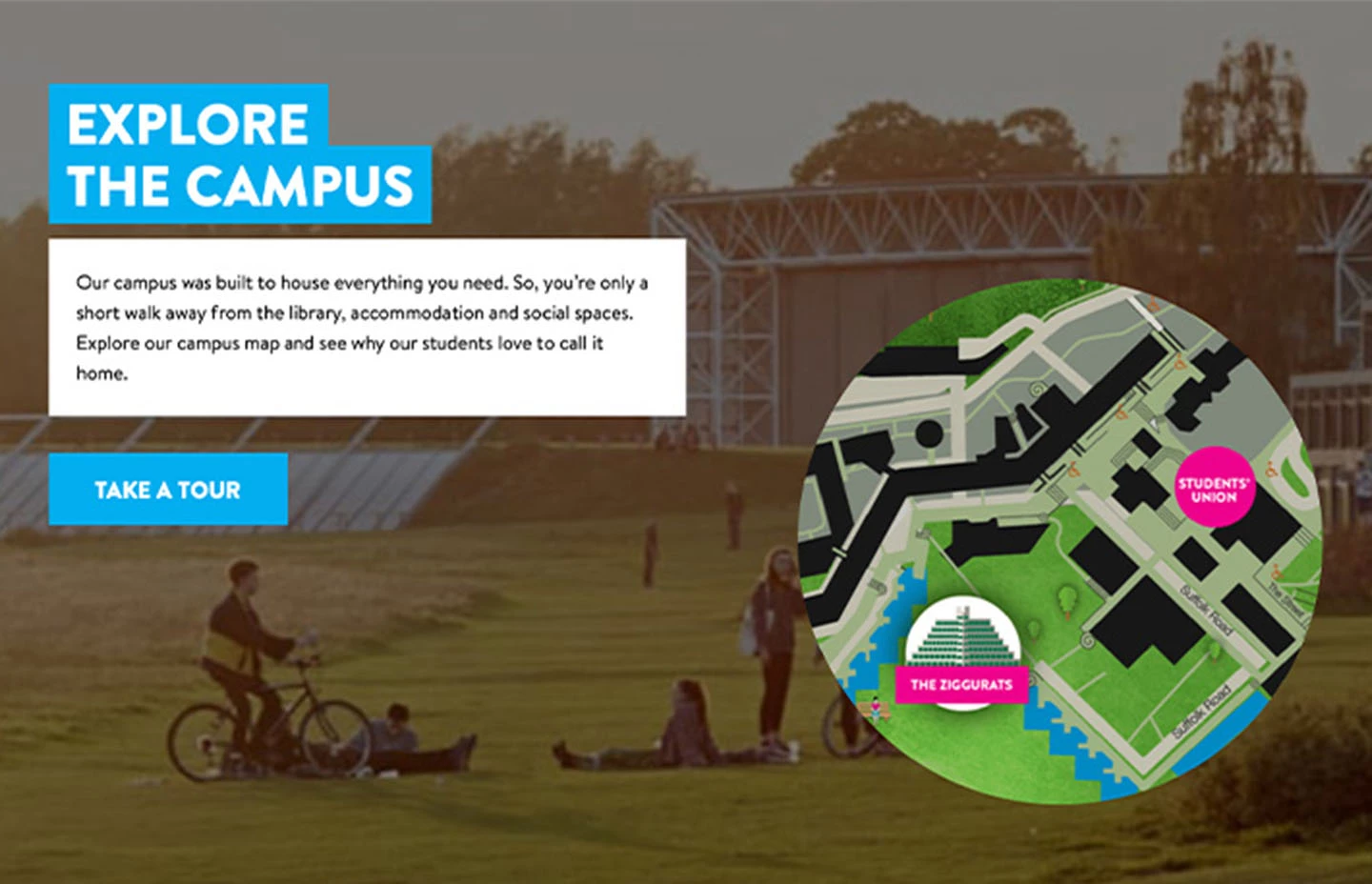 Screen from UEA Virtual Open Day signposting users to explore the campus