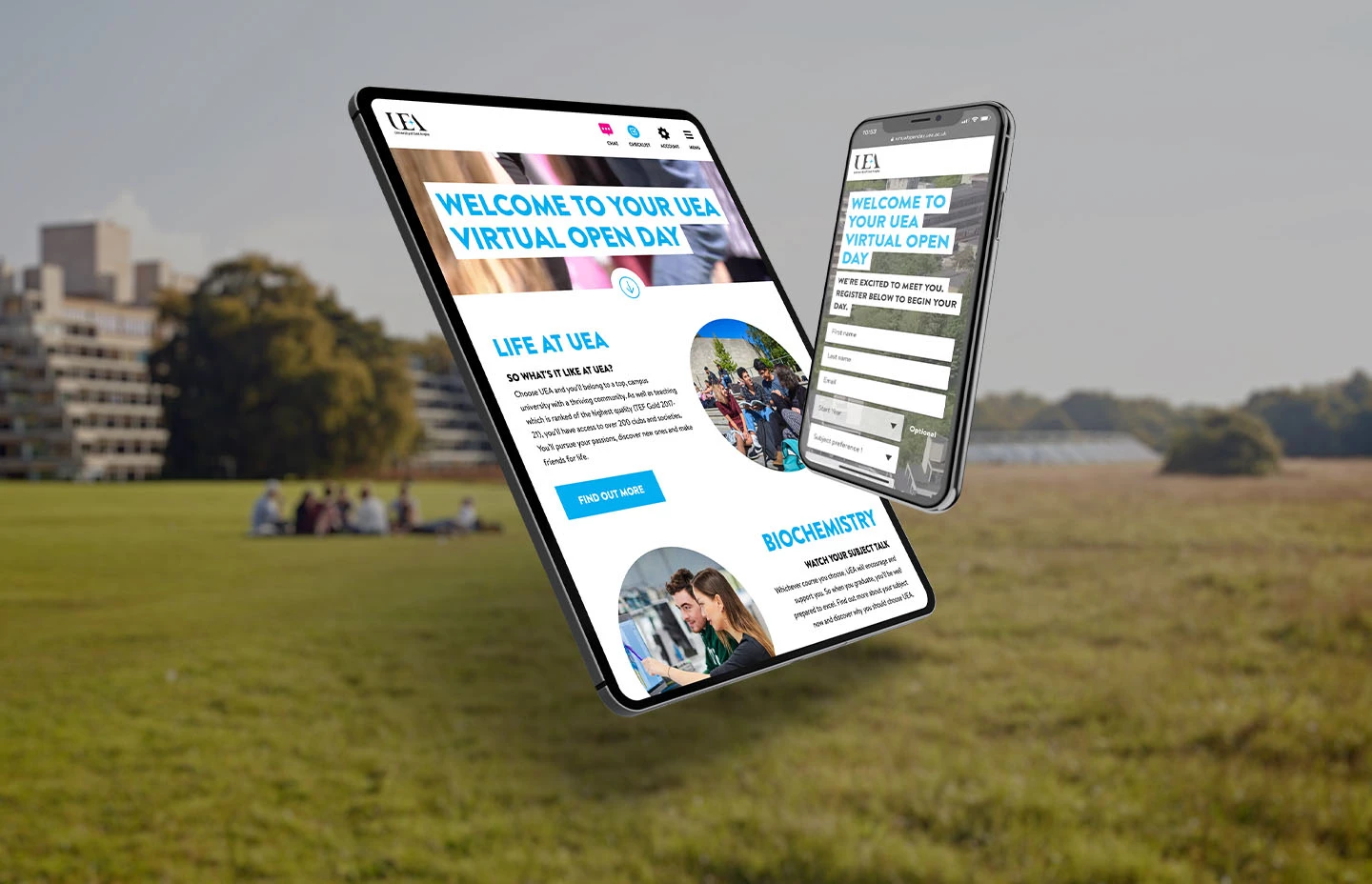 UEA Virtual Open Day welcome screen displayed on a tablet and mobile device