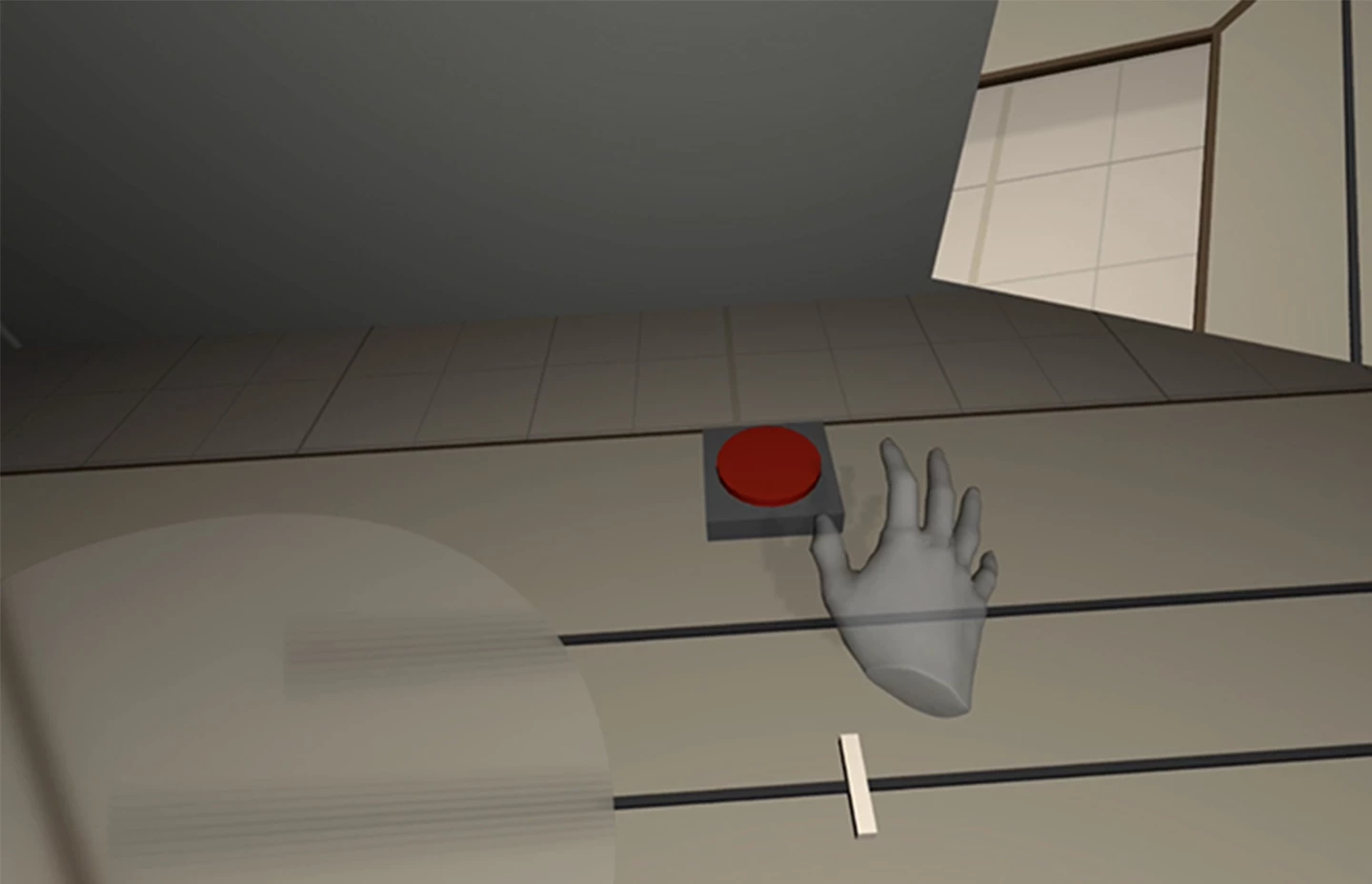 Virtual model of a hand reaching out to press a red button
