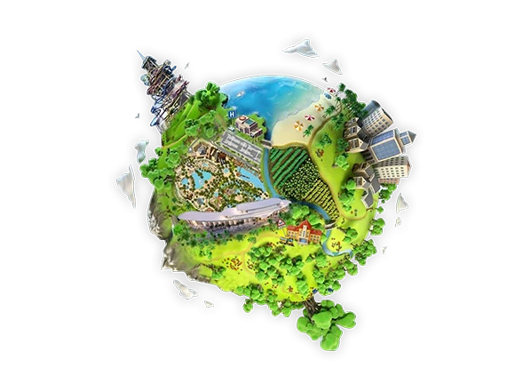 a 3D model of a resort as a small planet