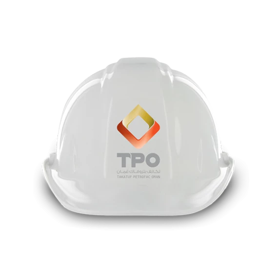 A white hard hat featuring the TPO logo