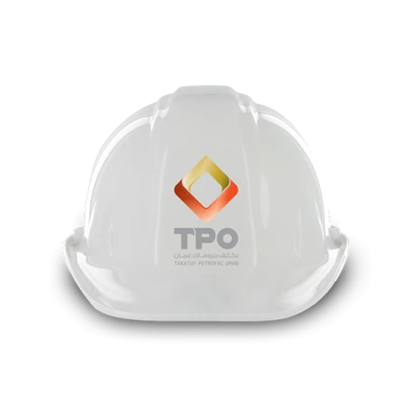 A white hard hat featuring the TPO logo