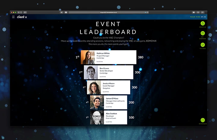 an event leaderboard for a virtual event platform