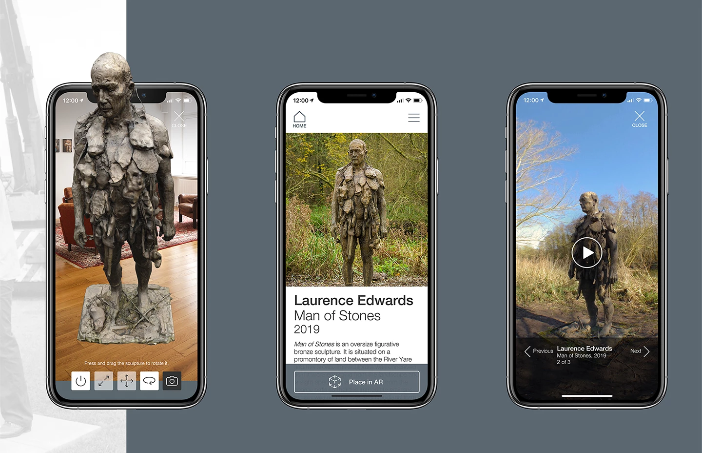 screens from an app that shows statues in augmented reality