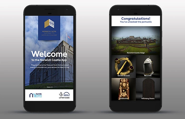 screens of an app showing historical collections held in Norwich Castle