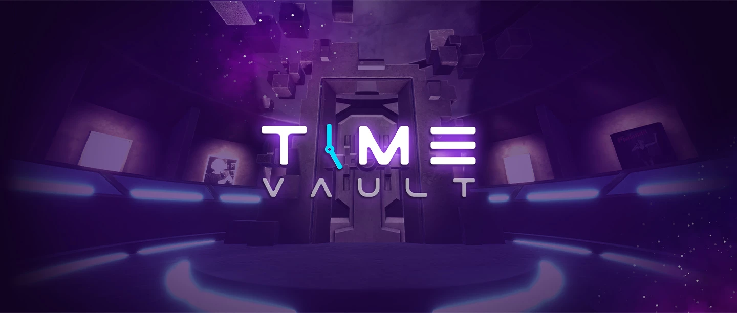 A sci fi scene with a purple door showing the words Time Vault