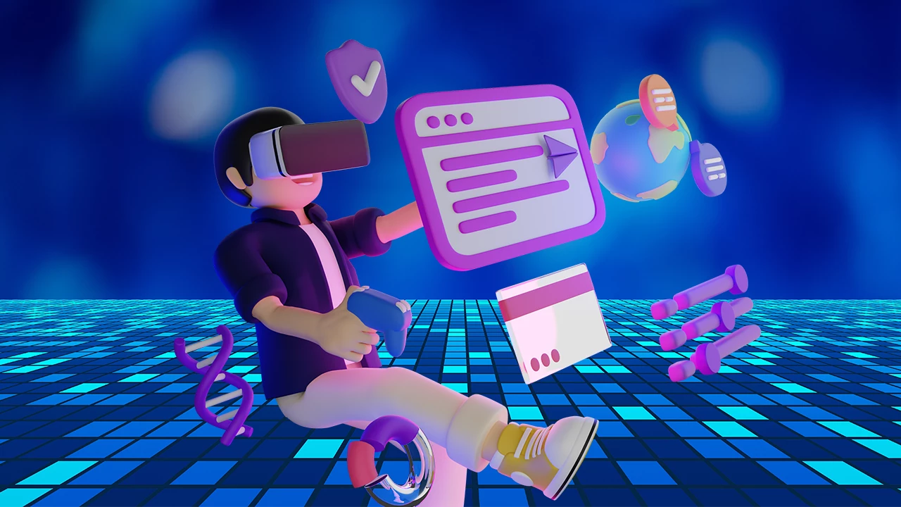 A man floating in a technology void wearing a VR headset with 3d models of web pages around them.